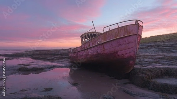 Obraz Abandoned Fishing Boat at Low Tide Reflecting Pink Sunset Sky on Mudflat Coastal Landscape Serene Scene Capturing Tranquility and Decay with Dramatic Lighting