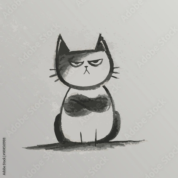 Fototapeta Cartoon cat with a grumpy expression standing on a gray background  