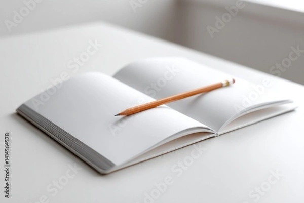 Fototapeta Open notebook with blank pages and pencil, inviting creativity a