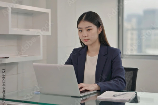 Fototapeta A person working on their laptop at a desk