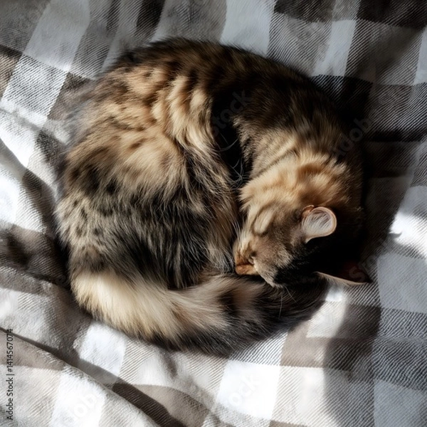 Obraz Fluffy tabby cat, curled up, sleeps on a soft checkered blanket, illuminated by bright morning light from the window, creating shadows