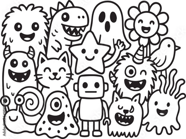 Obraz Bold Outlined Black and White Doodle Art Cute Cartoon Creatures and Whimsical Characters Illustration