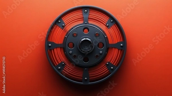 Fototapeta Orange Filament Spool on Vibrant Red Background - 3D Render