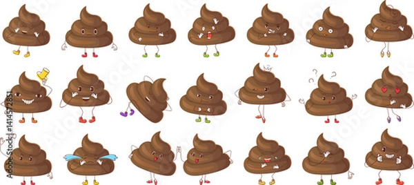 Fototapeta Collection of cartoon poop emoji characters with various emotions and gestures like love, sadness, surprise, high five and more. Isolated on white. Stock vector illustration in cartoon style.