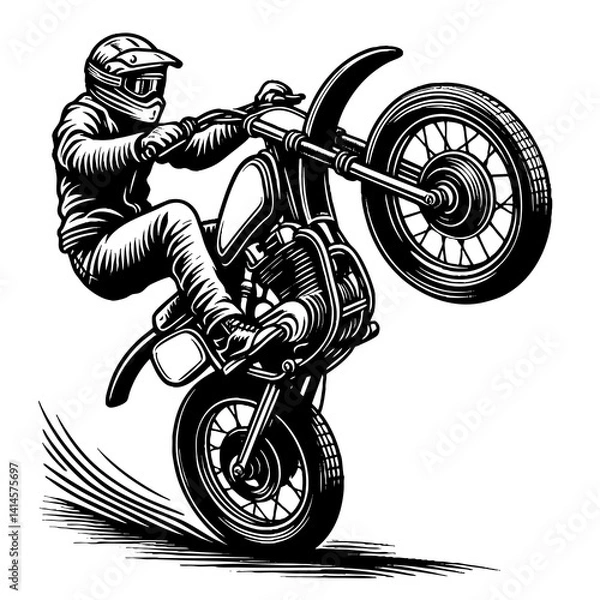 Fototapeta motorcyclist performing a wheelie on a dirt bike, drawn with engraving detail engraving generative ai sketch PNG illustration