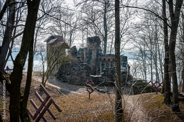 Fototapeta The Medieval Castle Ruins in Lielvarde, Latvia. Landscape in early spring. The stone castle and rampart was built at the beginning of the 13th century by Livonian Order. Panorama.