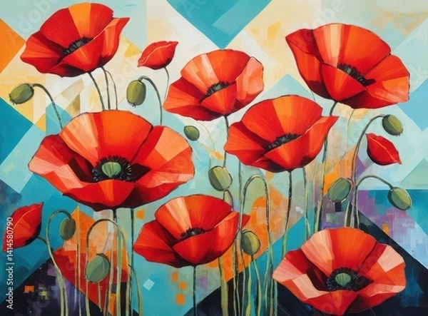 Fototapeta Vibrant Abstract Painting of Red Poppies on Colorful Geometric Background