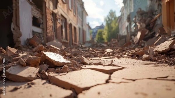 Fototapeta A street with a lot of rubble and debris