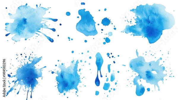 Obraz Blue Abstract Watercolor Splashes Isolated on White Background — Artistic Paint Splatter, Abstract Art, and Creative Design Concepts