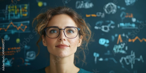 Fototapeta Woman with glasses looking thoughtfully at chalkboard filled with diagrams and graphs, symbolizing creativity and innovation