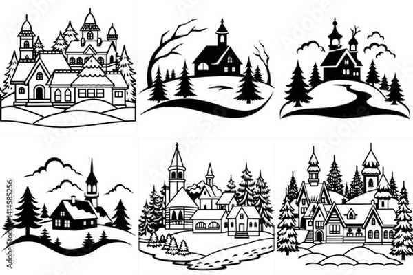 Fototapeta Collection of charming winter village scenes with snow covered houses churches and evergreen trees vector silhouette line arts