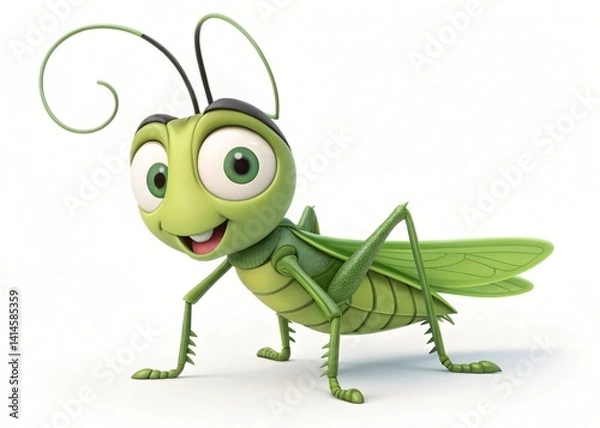 Fototapeta Adorable Cartoon Grasshopper 3D Render Green Insect Happy Critter Children s Illustration