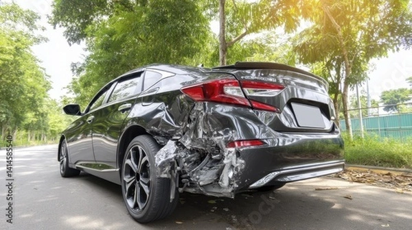 Obraz Rear-ended car showing significant trunk and bumper damage - road rear dented wrecked