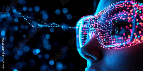 Fototapeta Futuristic glasses with colorful lights reflecting in dark setting, showcasing technology and innovation. vibrant colors create mesmerizing effect