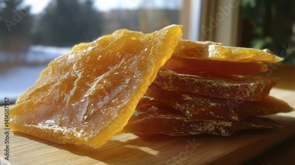 Fototapeta Golden, translucent slices of dried mango, showcasing natural sweetness - golden vibrant nutritious