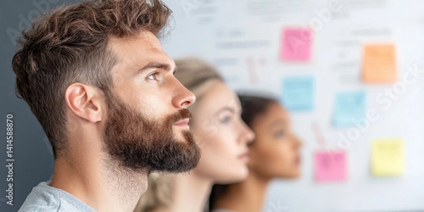 Fototapeta Focused man with beard and two women in brainstorming session, surrounded by colorful sticky notes on wall, showcasing teamwork and collaboration