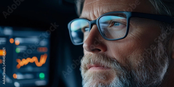 Fototapeta Focused man with glasses analyzing financial data on screen, showcasing determination and insight into market trends
