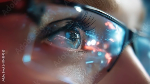 Fototapeta Closeup person face with glasses tech high resolution image, Futuristic technology photography concept fantasy 