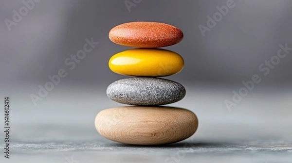 Obraz Tower of Smooth Brown Yellow Gray and Tan Stones Stacked in a Balance