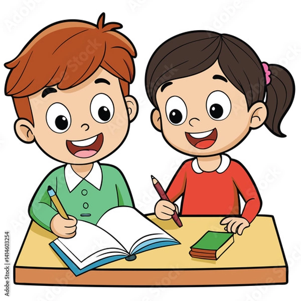 Fototapeta Happy Children Studying Together at a Desk with Books and Pencils