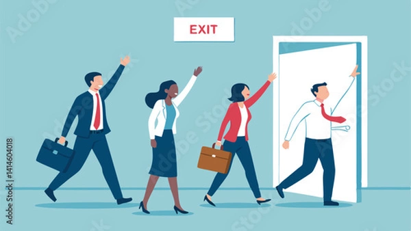 Fototapeta Business People Leaving Through Exit Door With Briefcases Waving Hands Goodbye