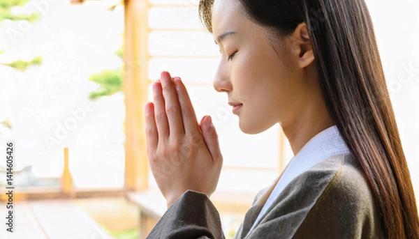 Obraz 顔の前で手を合わせて目をつぶっている女性の横顔のクローズアップ