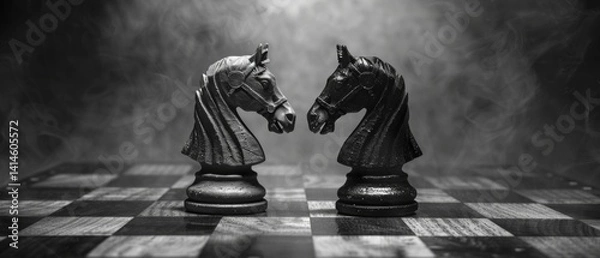 Fototapeta Two chess knights on a board in black and white style with smoke effect. Illustration for thematic articles about chess, strategy, intellectual games.