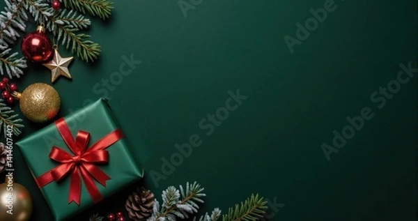 Obraz Christmas holiday top down photo featuring large present box red green decorations gold star pine cones mistletoe snow branches isolated green backdrop text area