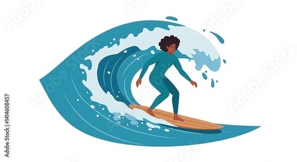 Fototapeta Illustration of a surfer riding a wave in a stylized and simplified manner