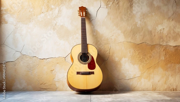 Fototapeta A bold acrylic painting features an electric guitar against a rustic wall.  Vibrant, electric colors and textured brushstrokes create a dynamic and expressive portrayal of the guitar and its surroundi