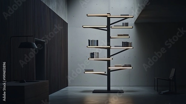 Fototapeta Modern, minimalist shelving unit with  illuminated branches.  A stylish, tree-like bookcase, perfect for showcasing books and other decorative items. 