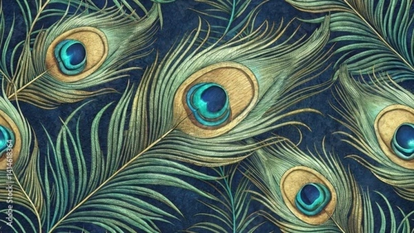 Fototapeta Vibrant Peacock Feather Textile Design Seamless Pattern in Artistic Close-Up