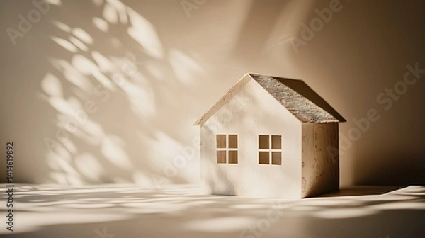Fototapeta Simple, light-filled model home.  Warm, natural light casts soft shadows on the  white model