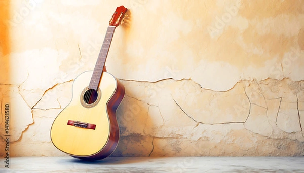 Fototapeta A bold acrylic painting features an electric guitar against a rustic wall.  Vibrant, electric colors and textured brushstrokes create a dynamic and expressive portrayal of the guitar and its surroundi