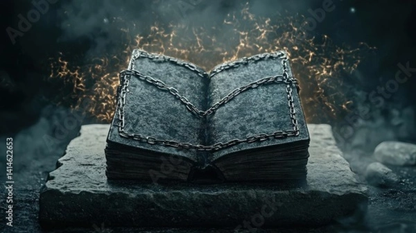 Fototapeta A cursed spellbook bound in chains, radiating dark energy as it levitates above a stone pedestal