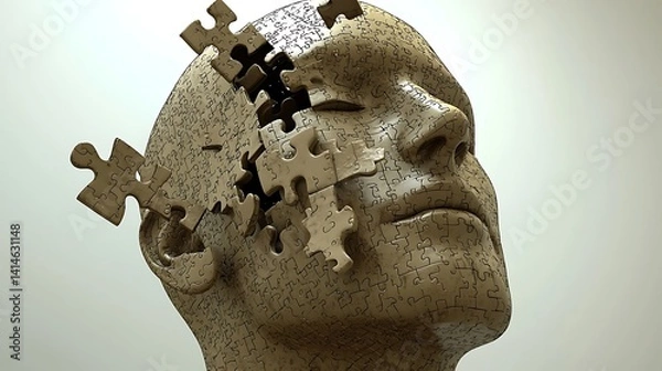 Obraz A head composed of puzzle pieces, suggesting fragmented thoughts or incomplete understanding. 