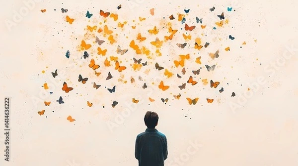 Fototapeta Person watching colorful butterflies, Surreal art of a person and many butterflies