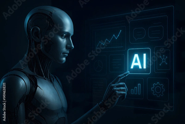 Obraz Focused blue cyborg navigating dramatic neon urbanscape