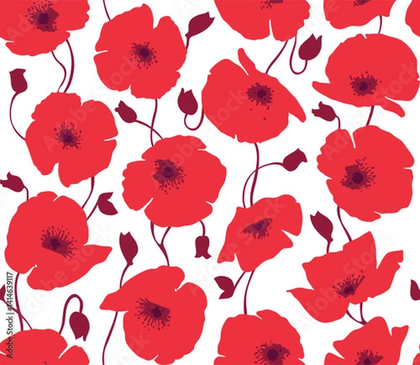 Obraz Seamless pattern with red poppy flowers vector illustration