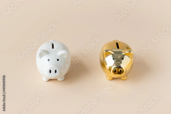 Fototapeta One white and one golden piggy bank on coloured background.