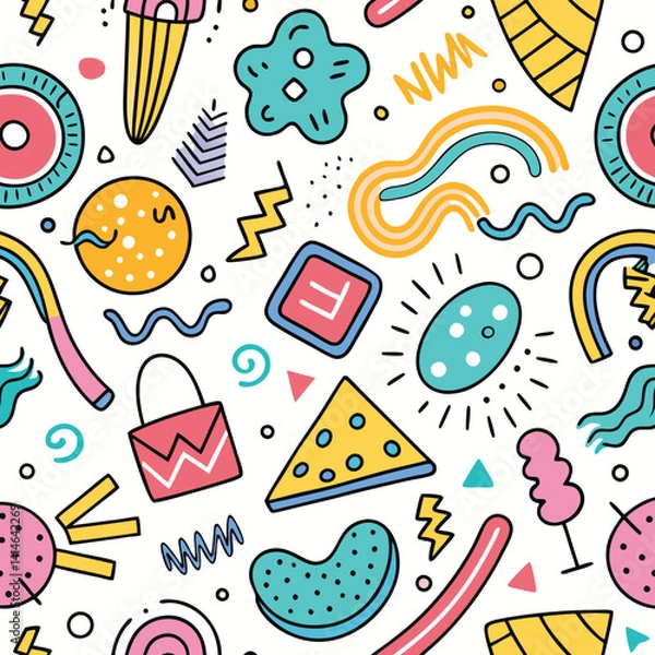 Fototapeta Playful, vibrant, and colorful abstract pattern with various shapes and doodle elements