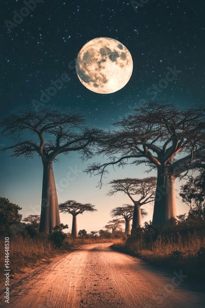Fototapeta Enchanting full moon over african baobab trees at night