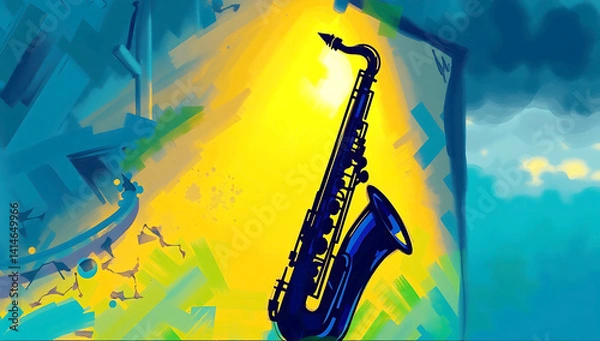 Fototapeta Digital sketch, brass saxophone silhouetted against rustic wall, strong hard light, vibrant complementary blues greens purples, dynamic motion, loose painterly strokes, misty atmosphere, blurred lines