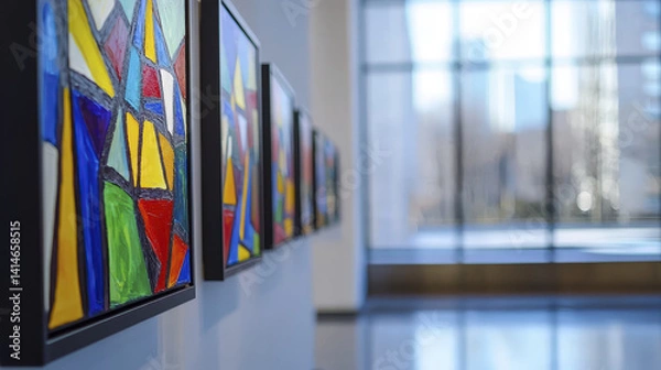 Fototapeta Colorful abstract paintings displayed in modern art gallery, showcasing vibrant geometric shapes and patterns