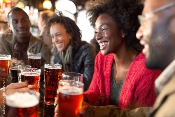 Fototapeta Vibrant friends enjoying beer at a pub gathering laughter and camaraderie in a warm and inviting atmosphere with a shallow depth of field