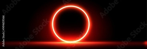 Fototapeta Red Neon Circle on Black Background, Futuristic Glowing Ring, Abstract Illuminated Shape