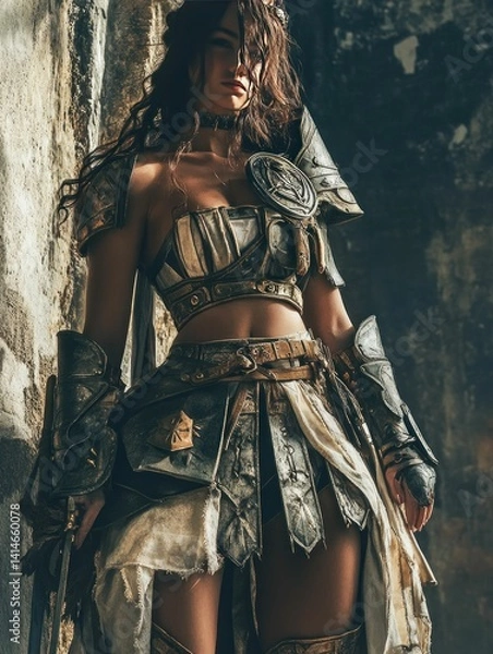 Fototapeta Warrior's resilience: female fighter in aged armor amidst ancient stonework textures