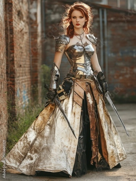 Fototapeta Red-haired warrior clad in metallic armor blending fantasy and medieval elements