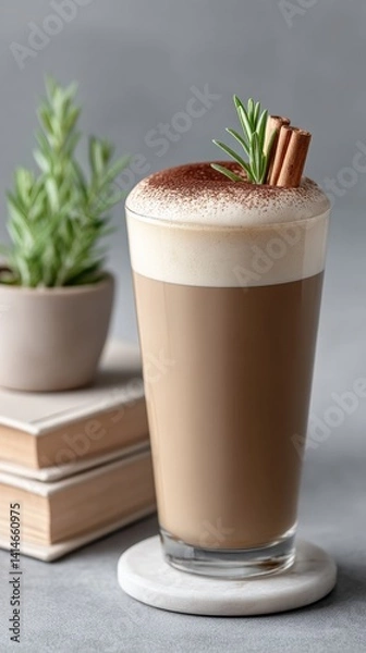 Obraz A tall glass of iced coffee with a frothy layer of cold foam, garnished with cinnamon sticks and cocoa powder