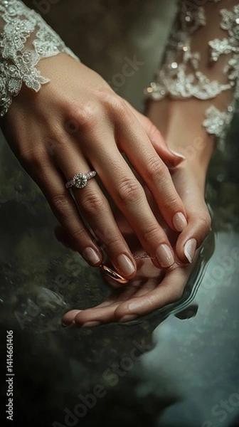 Fototapeta Delicate Hands with Wedding Ring Submerged in Water Reflecting Elegance